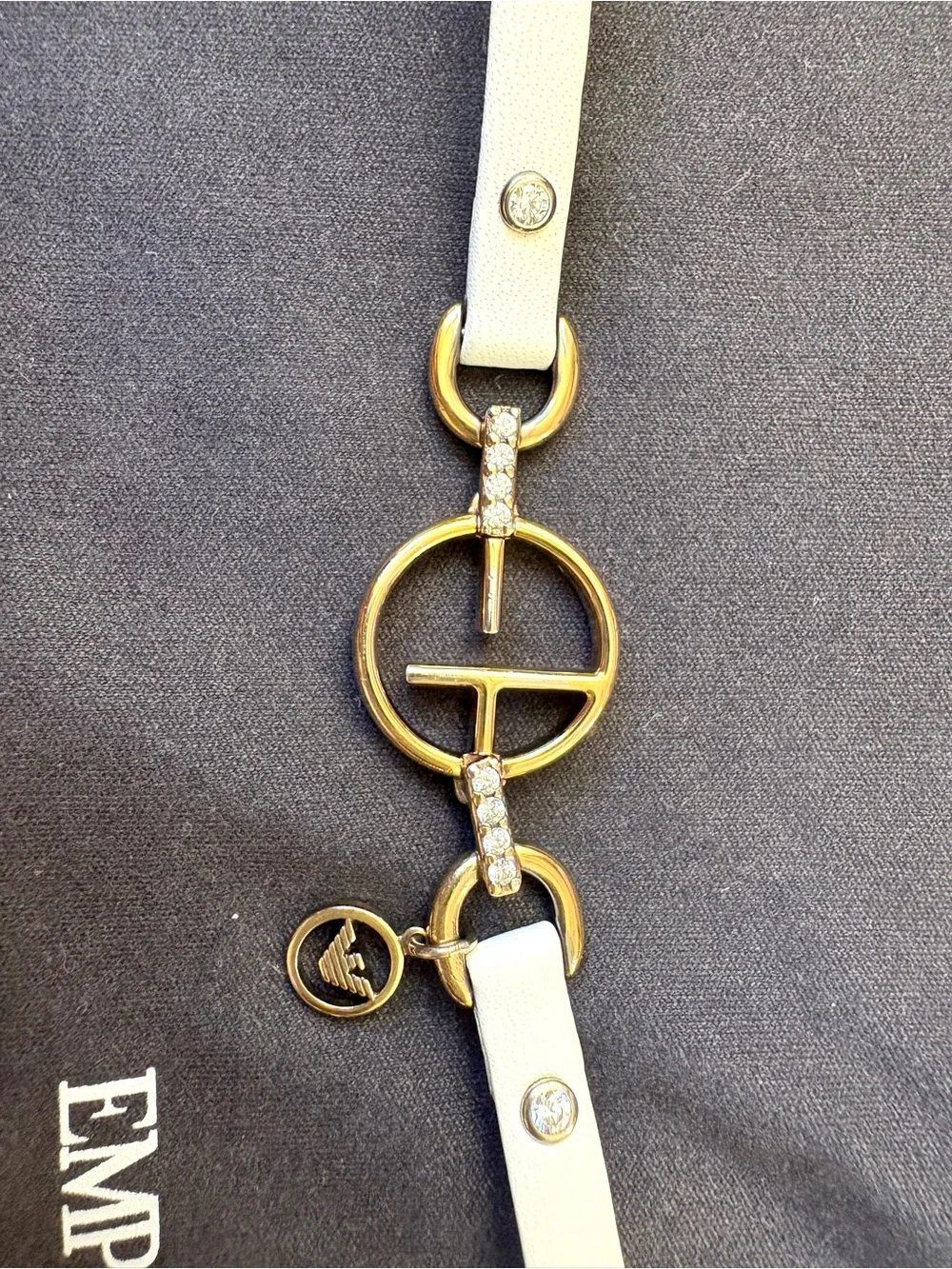 Emporio Armani White Leather Bracelet with Gold Crystal-Embellished Hardware